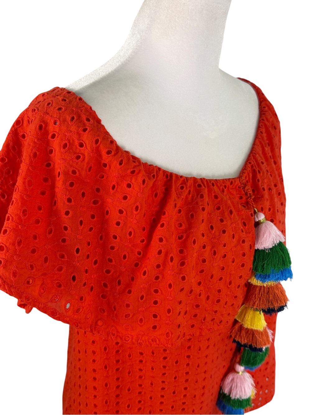 Tru Self Orange-Red Eyelet Off Shoulder Tassel Blouse Medium Boho Resort Top - Picture 7 of 11